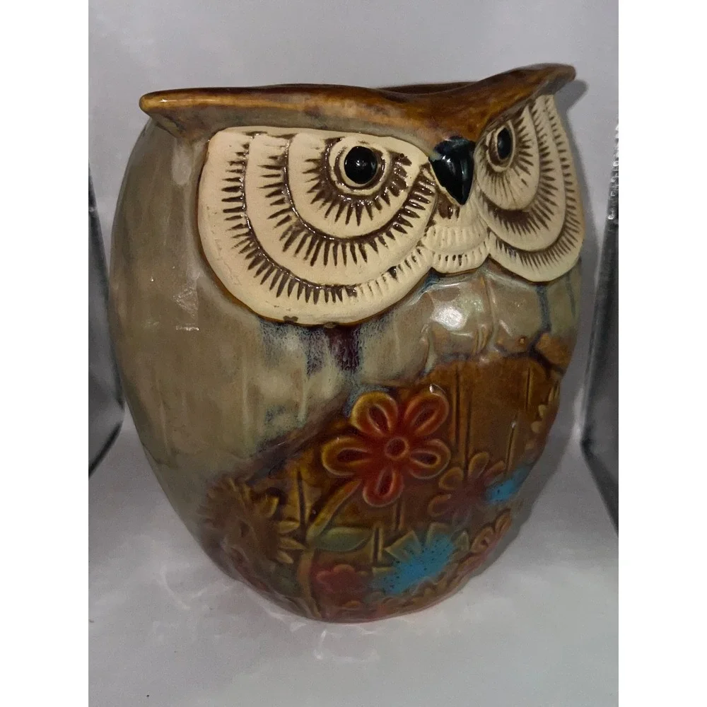 Ashland Stylish Accents Ceramic Owl Vase Planter Brown Floral Embossed 527197